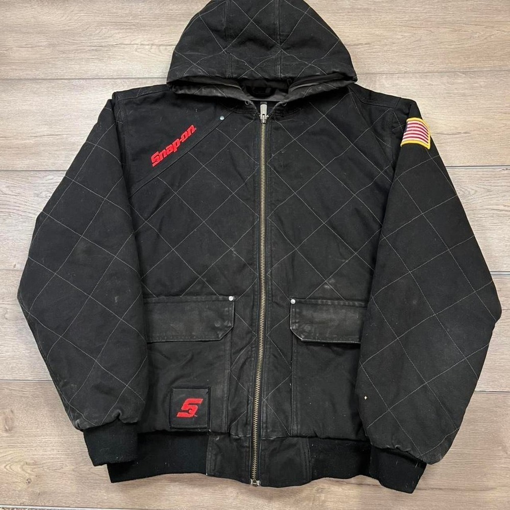 Snap-on Hooded Work Jacket Mens Large Black Quilted Canvas Mechanic Coat